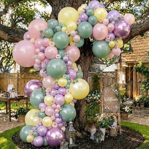 Image of Green Pink Balloon Arch Kit Double Stuffed Light Purple Lavender Yellow Pearl Balloon Garland for Wildflower Baby Shower Pastel Birthday Gender Reveal Tea Party Decorations