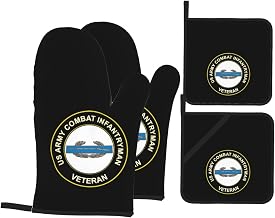 Army CIB 1st Award Combat Veteran Afghanistan Oven Mitts and Pot Holders Sets 4 PCS Set Heat Resistant Gloves Hot Pads for Kitchen Cooking Baking