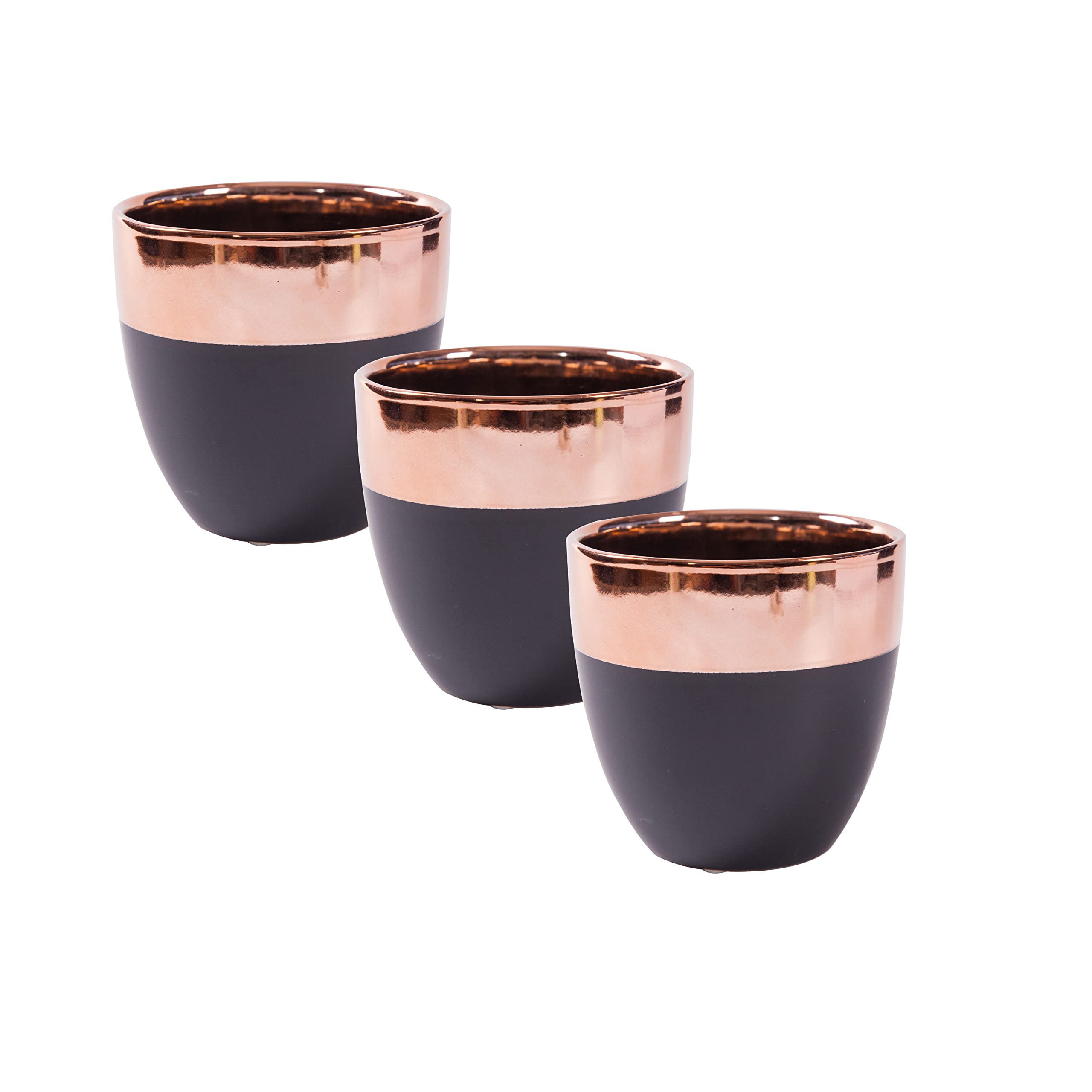 3er-Set Keramik Übertöpfe Blumentöpfe | Mattschwarz mit rosegoldenem Finish | Durchmesser 13,5 cm x H 13 cm