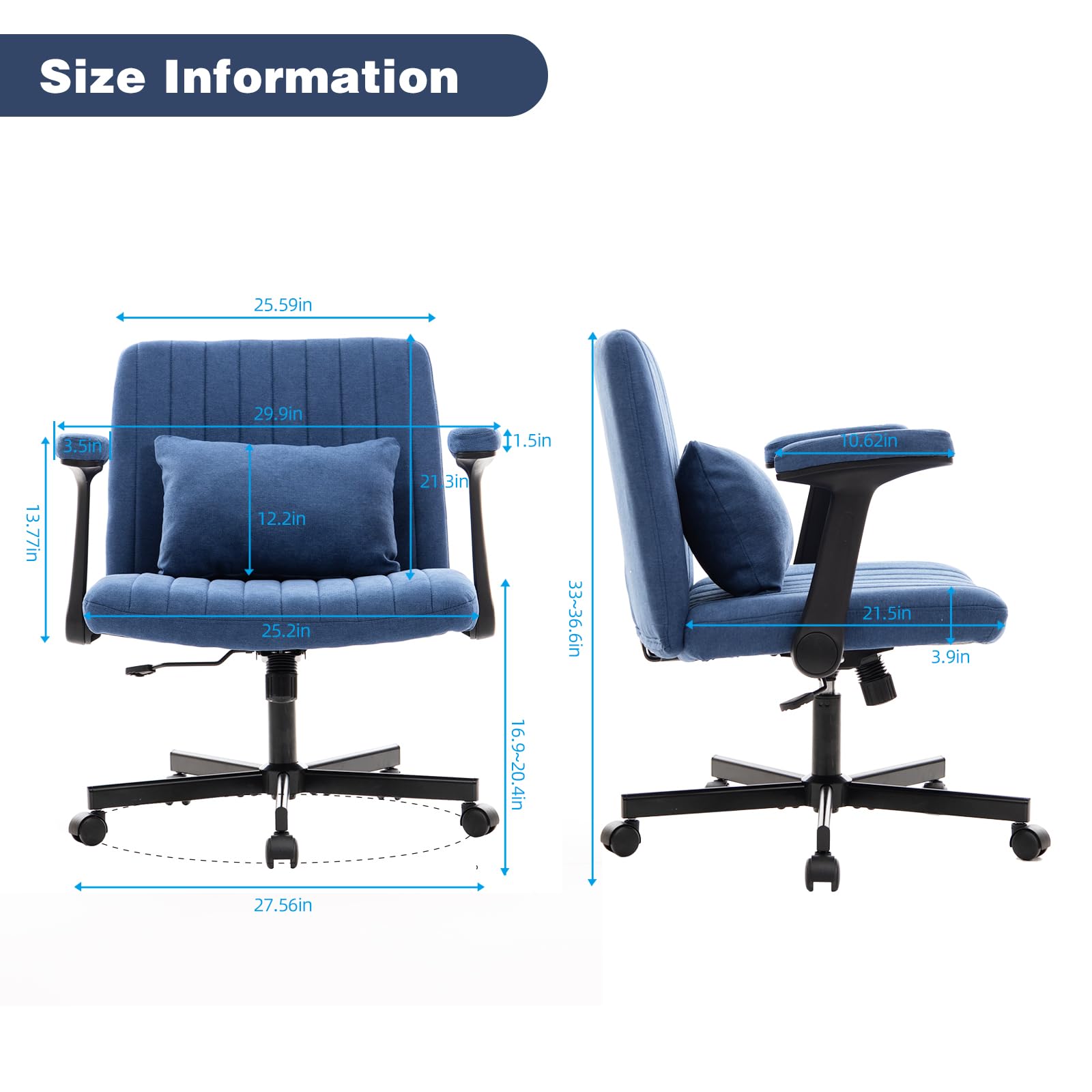 Sedia da ufficio con braccioli pieghevoli, sedia girevole regolabile in altezza, ruote silenziose, tessuto in velluto blu, sedia da scrivania ergonomica per casa e tavolo da trucco
