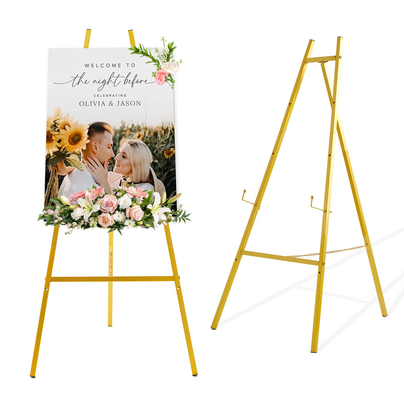 Photo 1 of Milostelom 43.5" Gold Metal Easel Stand for Sign, Heavy Duty Folding Easel for Wedding Welcome Sign, Decorative Easel for Mirror, Art, Photo, Adjustable Painting Display 4-Tier Height