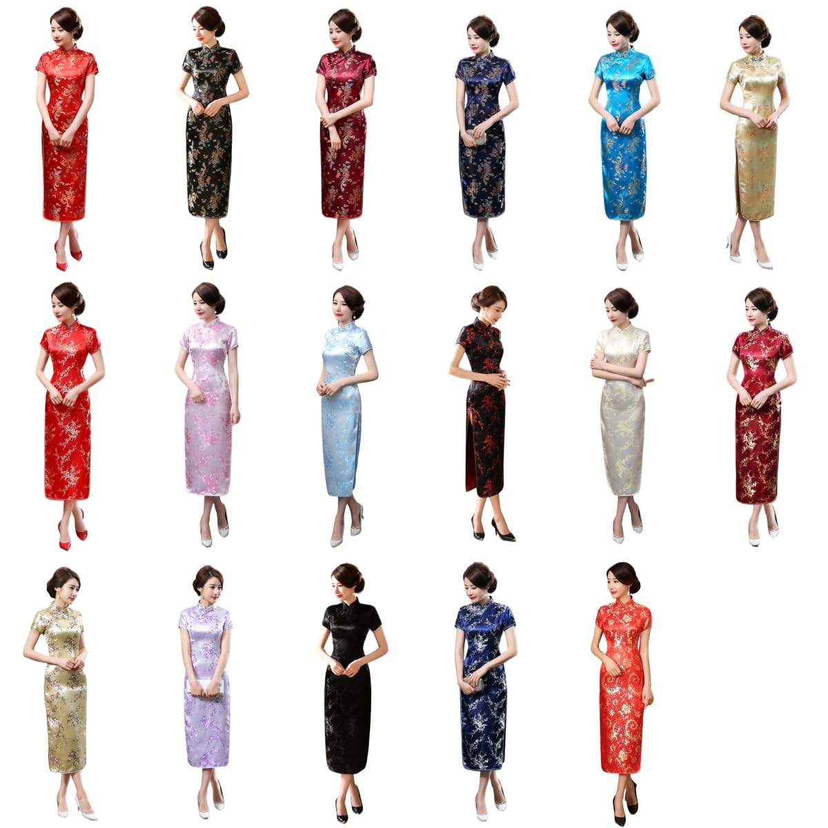 Cheongsam Lungo per Donna Abito Tradizionale Cinese Spacco Laterale Vestibilità Aderente Collo Alla Coreana Manica Corta Qipao Stampa Floreale Abito Da Sera Sexy Da Donna per Feste E Occasioni Form
