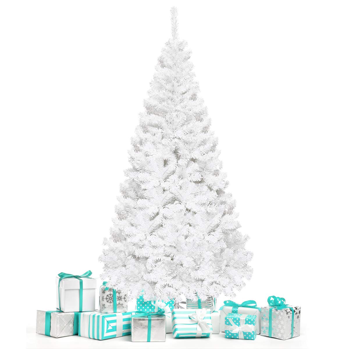 COSTWAY Kunstkerstboom 210 cm – Witte Dennenboom met Metalen Standaard, PVC-Naalden, Kerstboom voor Thuis, Kantoor, Winkel en Hotel
