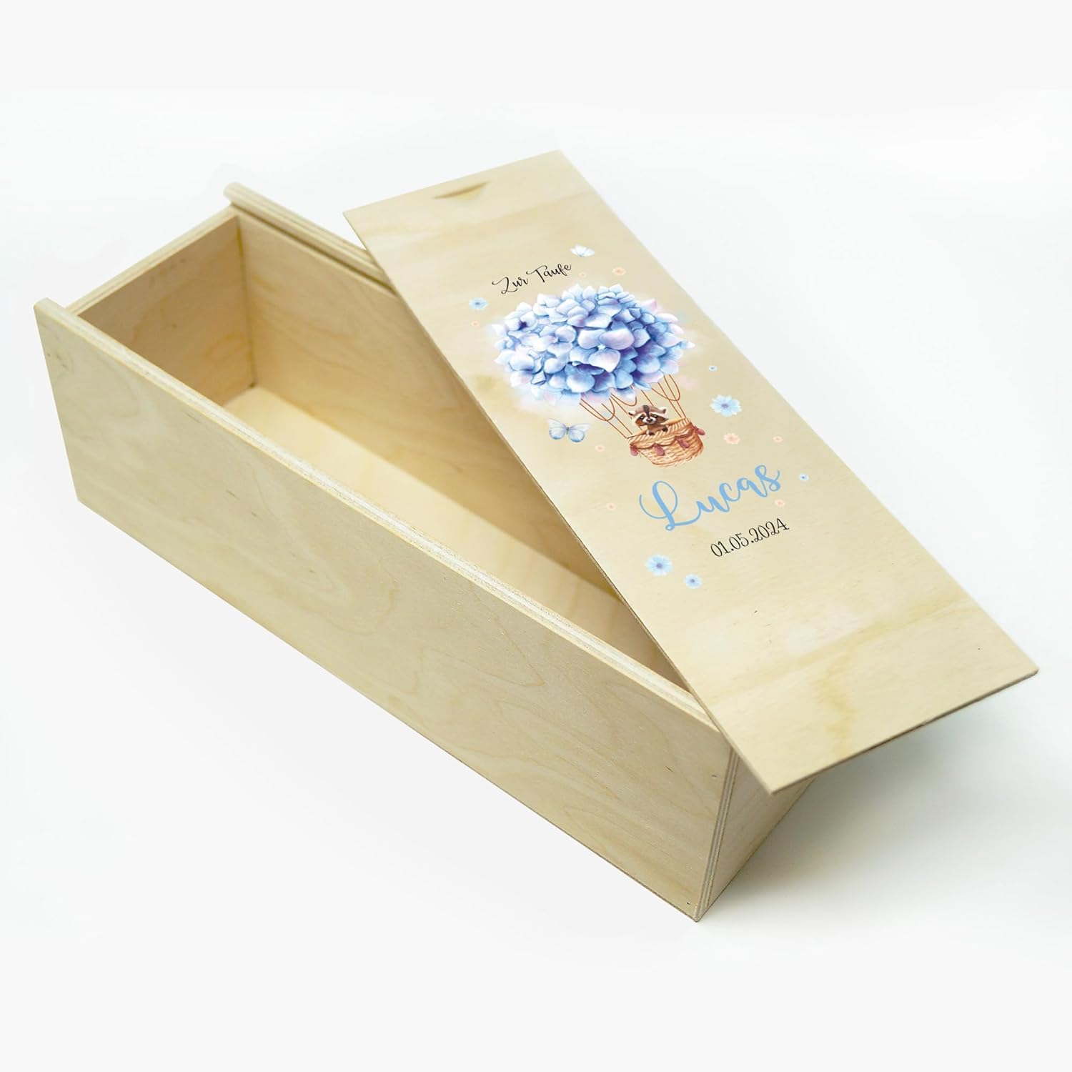 Wandtattoo Loft Taufkerze Jungen mit Taufspruch, Motiv Heißluftballon aus blauen Blumen, 25cm x 7cm, personalisierte Kerze, bedruckte Kerze zur Taufe, Stumpenkerze, Geburtskerze, Taufgeschenk