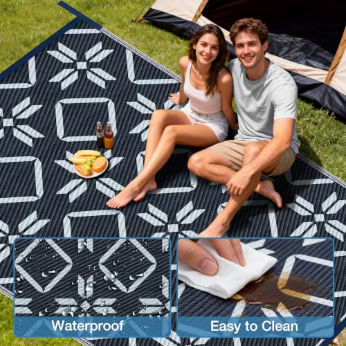 Image of Kohree Outdoor Rug, Diamond Flower, 9x12 ft, Blue | Waterproof, Reversible, Non-Slip, Foldable, Easy Cleaning and Carry for Patio, Camping, Picnic, Backyard