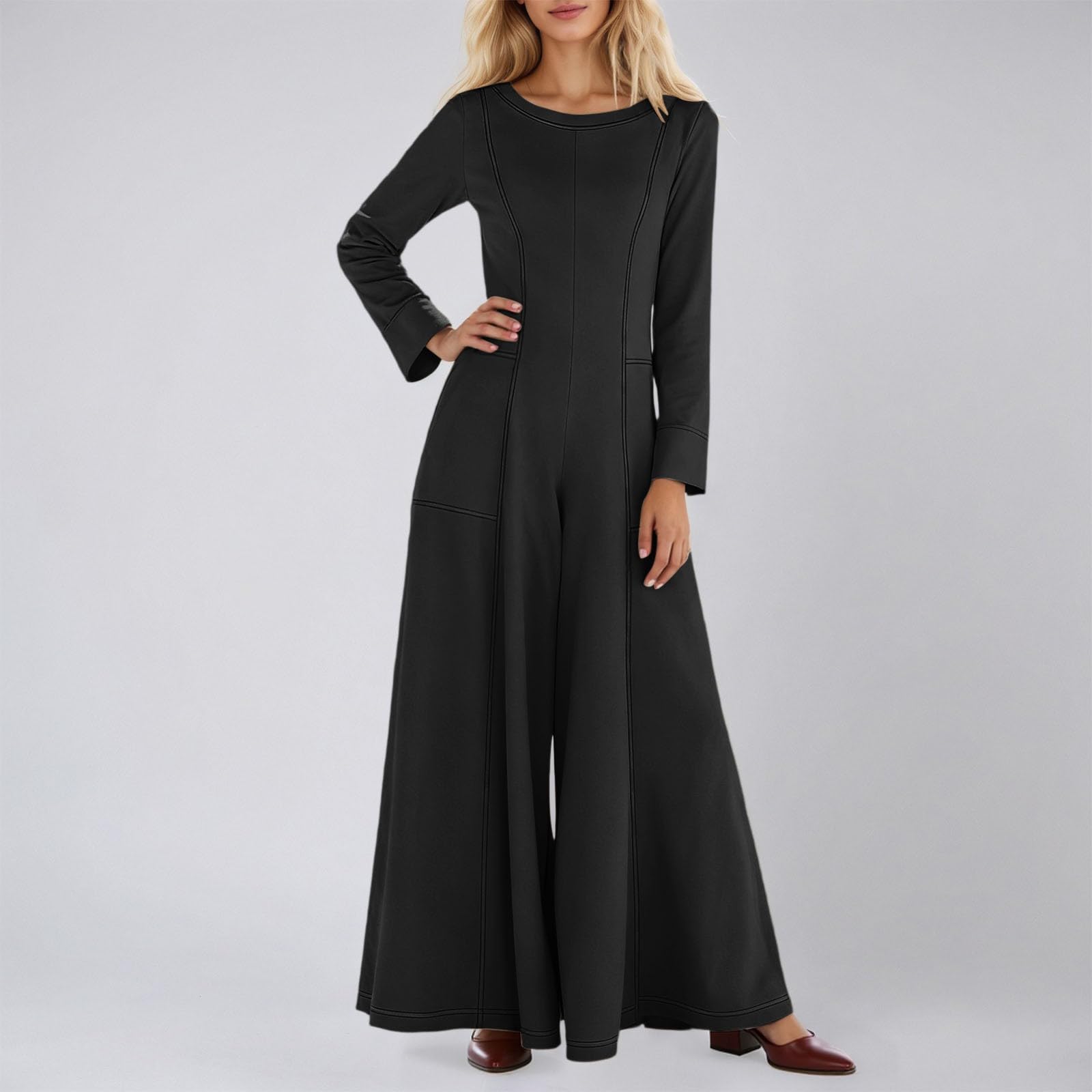 Mono Elegante de Manga Larga con Diseño de Bloques de Color Contraste y Corte Wide Leg para Mujer