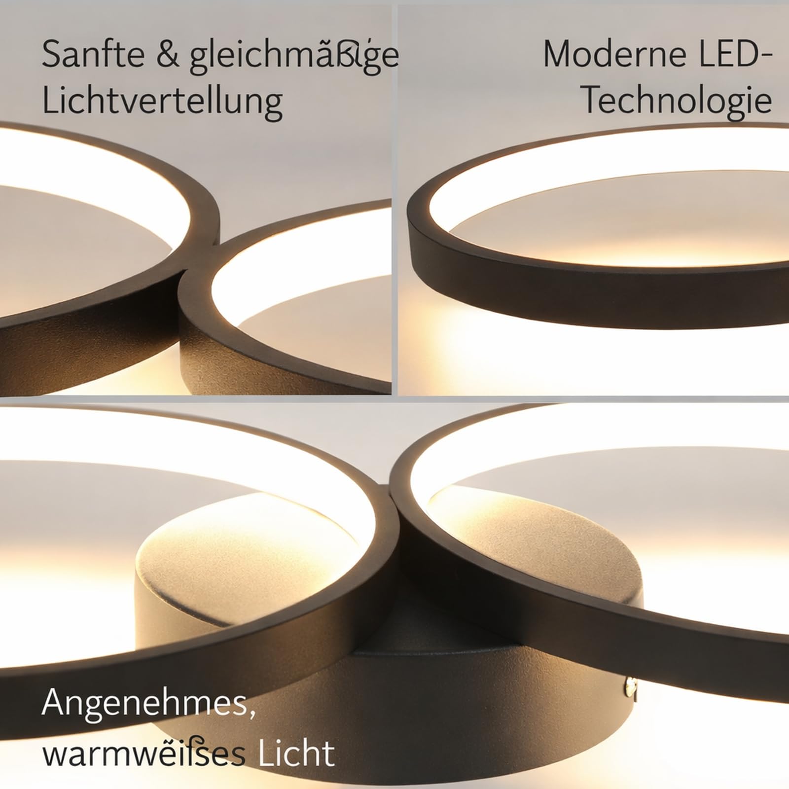 GBLY Lampa sufitowa LED nowoczesna 4 płomienie w optyce pierścieniowej | 3000k biała ciepła lampa sufitowa okrągła 37W wewnętrzna czarna lampa do salonu wykonana - salon przedpokój biuro gabinet
