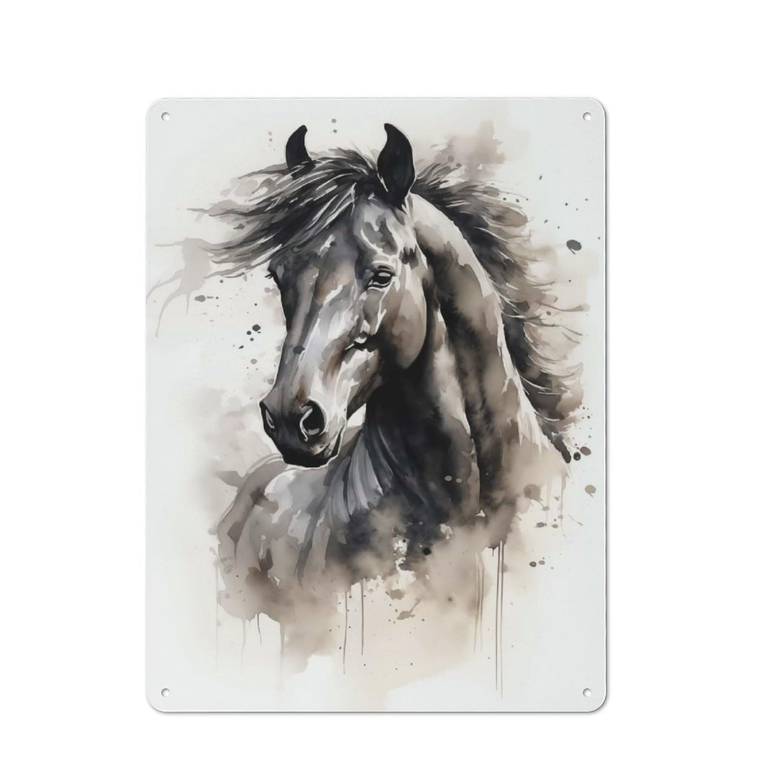 Warehouse Style Black Horse Watercolor Decorative Metal Plaque 40x30cm, Industrial Wall Decor for Loft, Studio, Office Or Creative Room