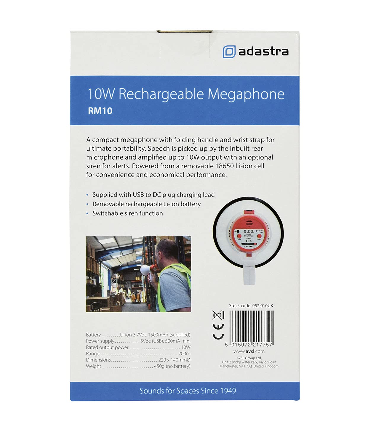 Adastra Mégaphone Rechargeable avec poignée Pliable et dragonne