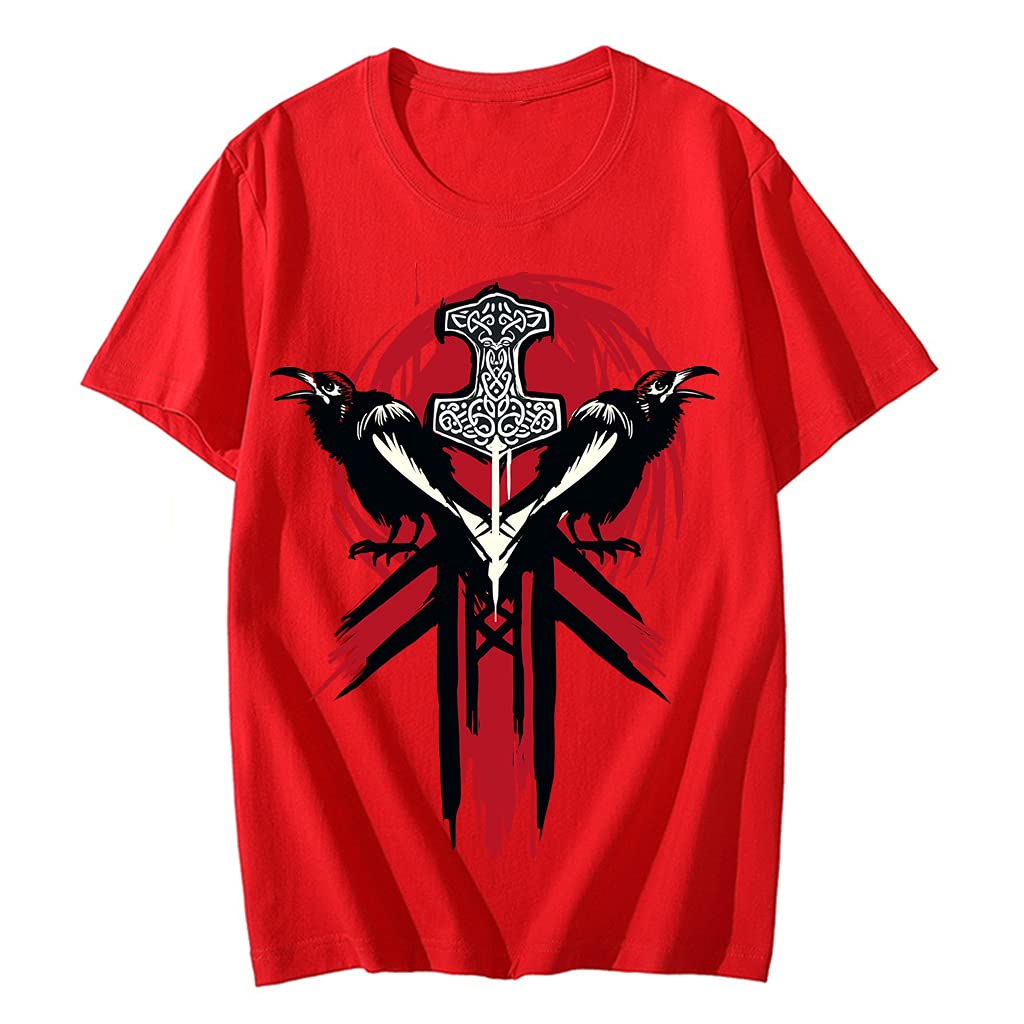 T-Shirt Viking Homme Rouge Coton Manches Courtes Haut Graphique Imprimé 3D Vêtement Grande Taille 5XL