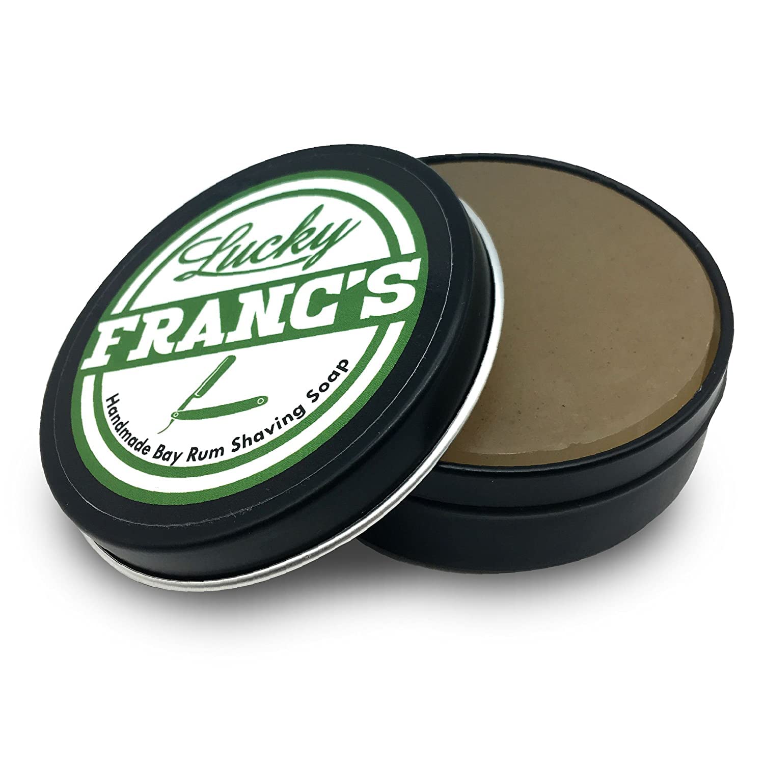Lucky Franc's Premium Luxury Bay Rum Shaving Soap for Men. Wet Shaving Soap for safety razors, with Shea Butter Argan Oil & Aloe. Barber Quality Lather 4oz Shave Puck. Made in USA Gift for Men