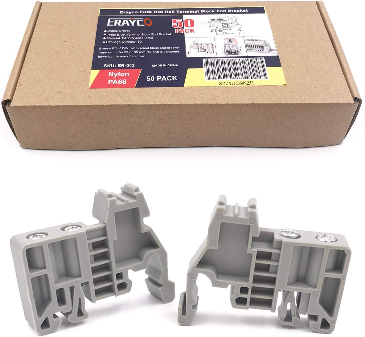 Erayco E/UK DIN Rail Terminal Blocks End Stopper Bracket Grey, Terminal Block Connector (Pack of 50)