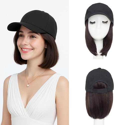 SEGO Hat Wig, Hat with Hair Attached for Women Black Baseball Cap with Hair Extensions, Short Straight Bob Baseball Cap Wig Adjustable Hats for Daily Party 6 Inch #4A Black Brown