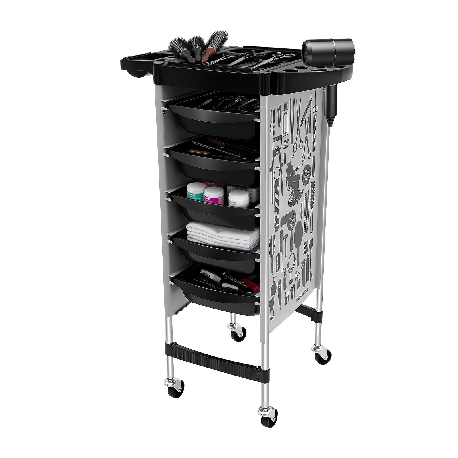 Chariot de salon avec 5 tiroirs et roulettes, chariot de salon pour styliste, coiffeur, SPA, jusqu'à 20 kg par tiroir, blanc