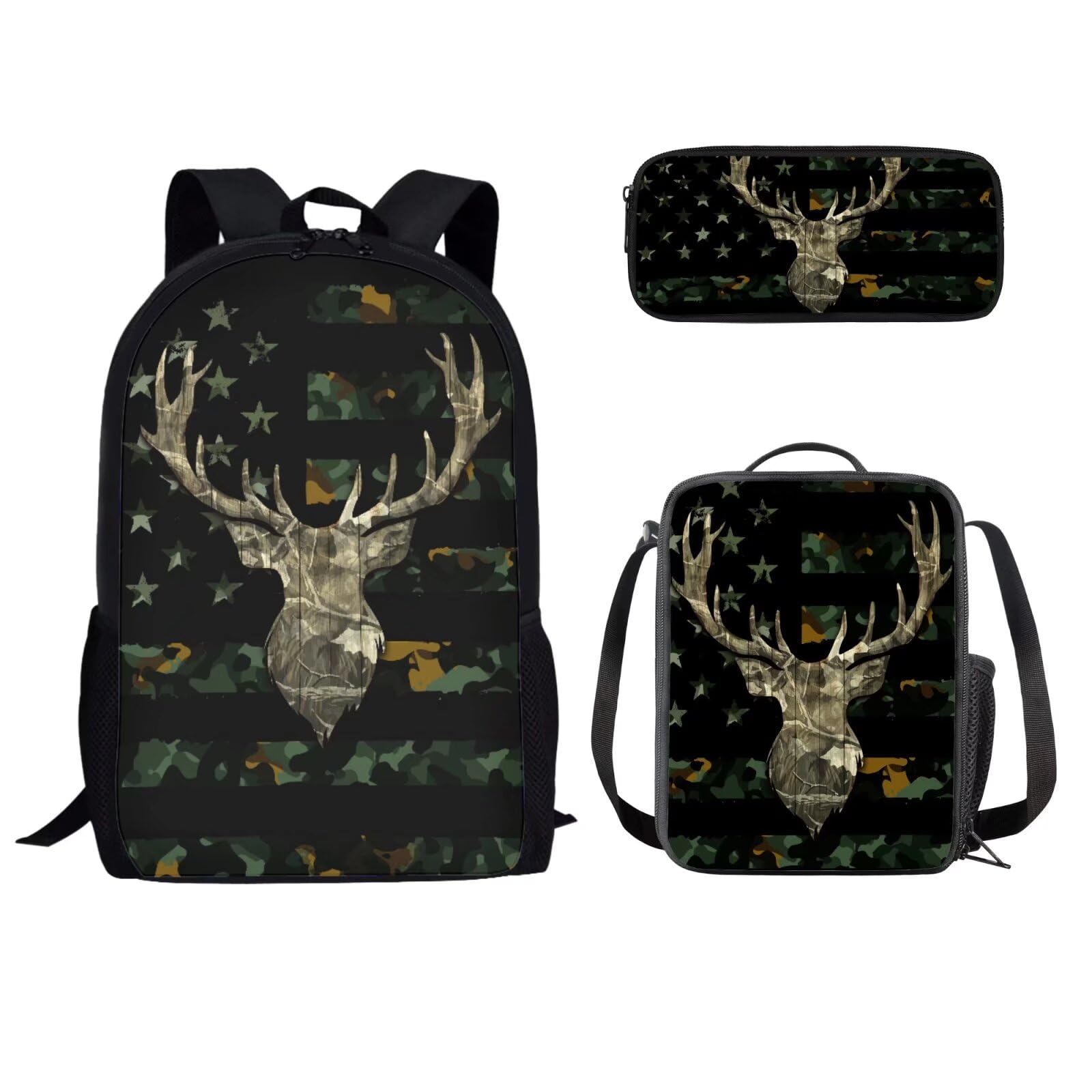 FKELYI Green Camo Children Backpack for Kids Boys 8-12 American Flag Schoolbags Casual Rucksack Bookbags with Lunch Box Pencil Holder 3 Piece