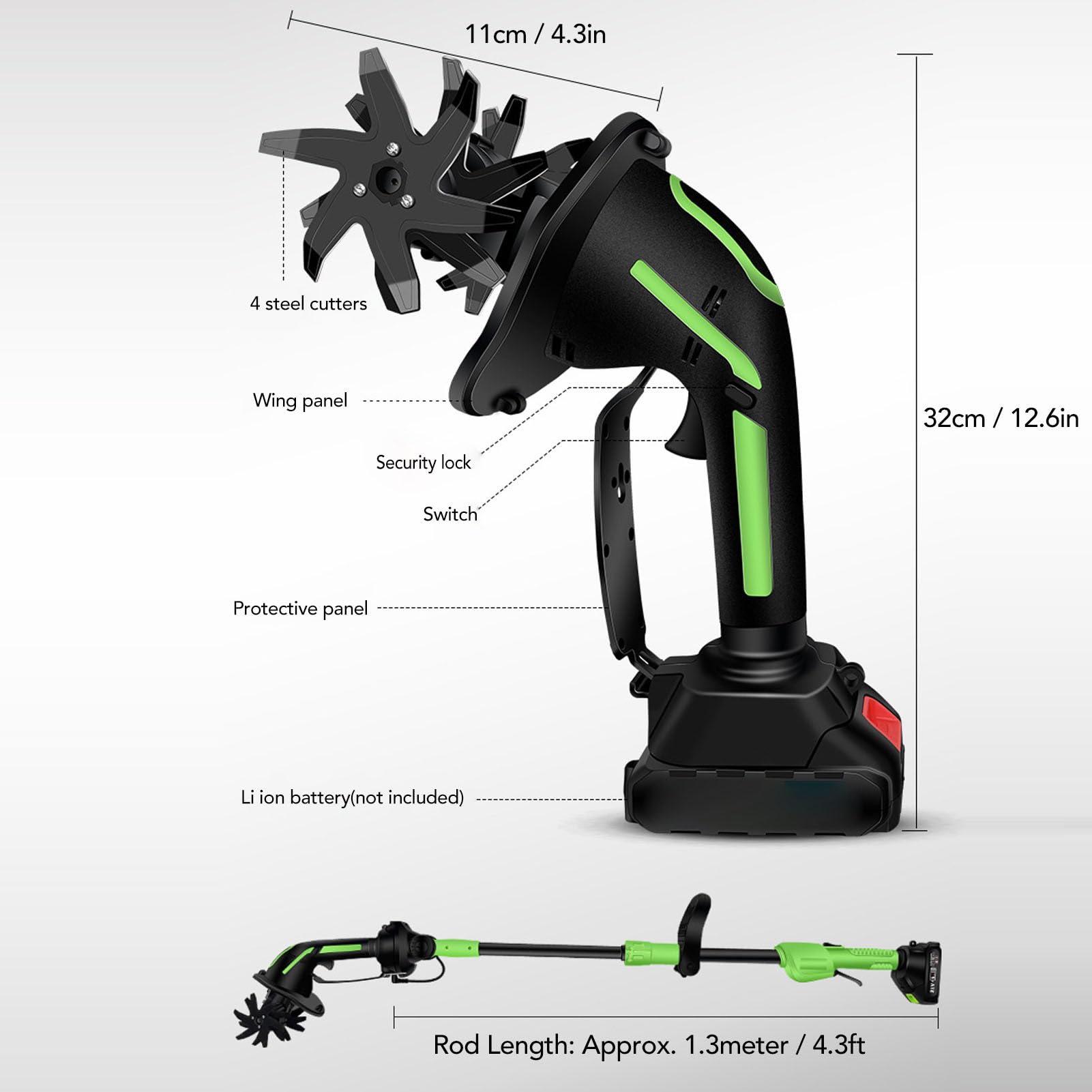 Jeffergarden Cultivador de Jardín Eléctrico Inalámbrico, Cultivador de Jardín de Mano de 1,2 Kg con Ergonómico Desmontable, Cuchillas de Acero Al Manganeso de 4 Pulgadas de 235 RPM para Aflojar el
