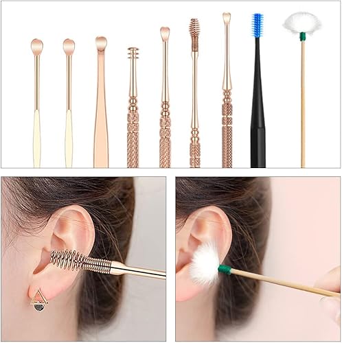 Miniatura 5 de Juego de 9 púas de acero inoxidable de oro rosa para oídos, juego de herramientas limpiadoras de cera de oído, herramienta de eliminación de cera de