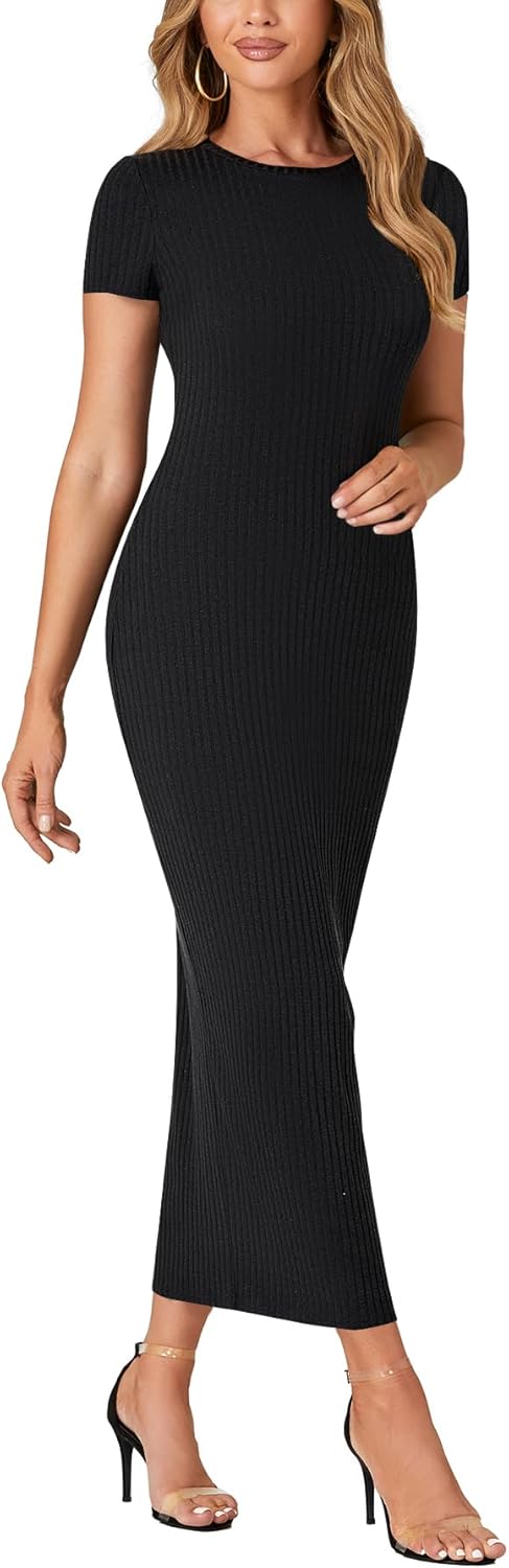 Umenlele Women’s Casual Short Sleeve Ribbed Knit Bodycon Fitted Pencil Long Maxi Dress - Image 3