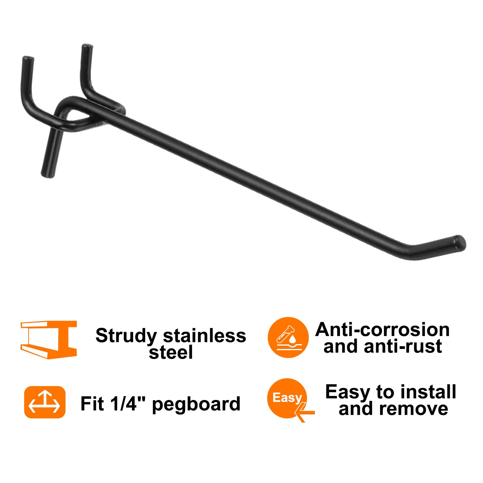 QUARKZMAN 25 Piezas De Ganchos De Estantería De Tablero Perforado 6" Ganchos De Exhibición De Tablero Perforado De Acero Inoxidable Soportes Para Taller Garaje Cocina Tienda Negro