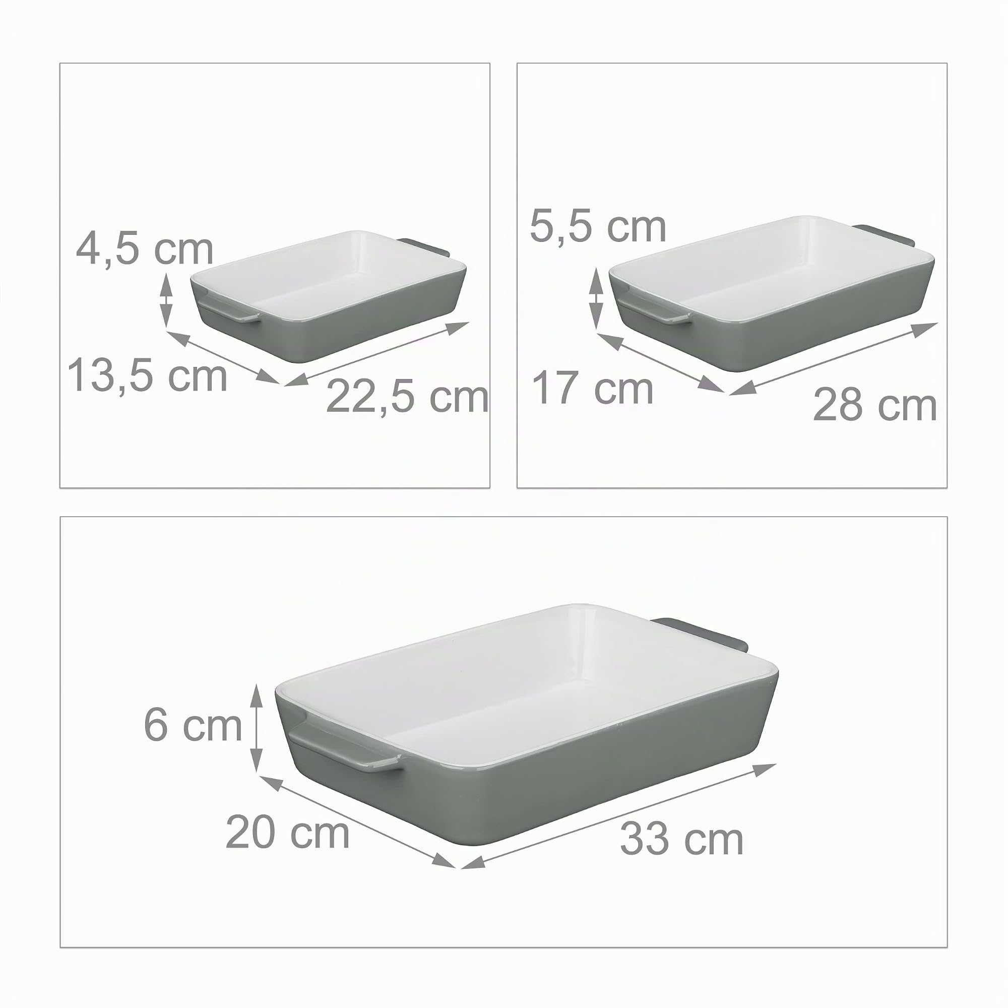 Relaxdays Set da 3 Teglie in Ceramica, Pirofile Rettangolari, per Forno, Frigo, Lavastoviglie, con Manici, Grigio Bianco