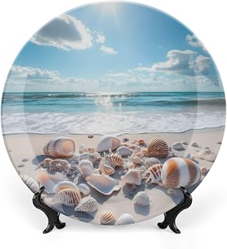 Shell Theme Decorative Ceramic Plate Round Porcelain Plate,10 inch,Beach Pattern,for Decorative Ornaments Giving Plates,1 Plate with 1 Display Stand,Beige Blue