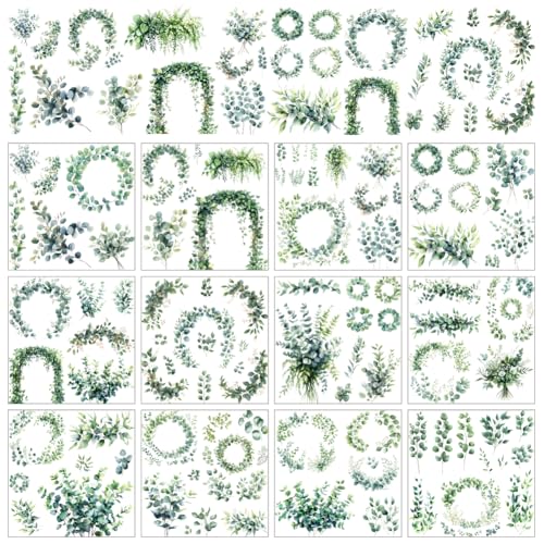 AHANDMAKER 12 Sheets Greenery Leaves Rub On Transfer Stickers, Eucalyptus Leaf Lush Botanical Decoration Featuring Various Leaves Arrangements for Home, Classroom, School & Party Decor, 5.5 x 5.5 Inch