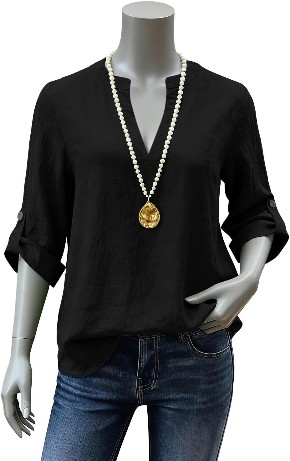 Womens 3/4 Sleeve Cotton Linen Shirts Casual Tree Quarter Length Sleeve Linen Tops Summer V Neck Loose Fit Blouses - Image 4