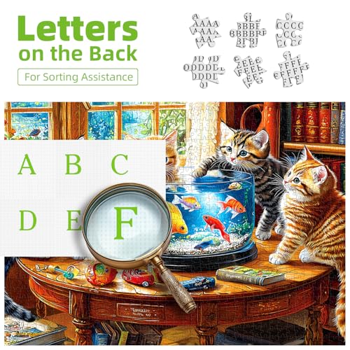 Image of 500 Piece Jigsaw Puzzles for Adults - Kittens & Goldfish Library Scene Puzzle,Cute Cats Puzzle with Letters on Back Perfect Game Night Gift for Family Seniors(23x15 Inch)