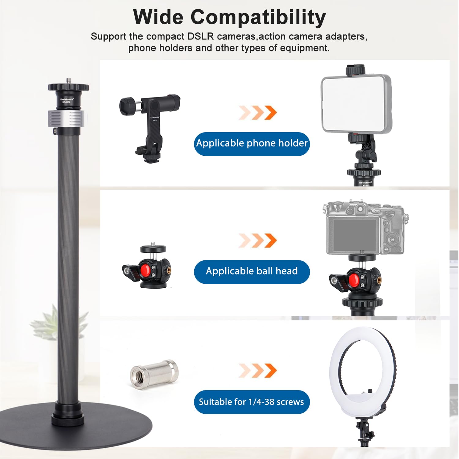 Koolehaoda Soporte de trípode para escritorio, soporte de luz ajustable, poste de extensión de fibra de carbono, trípode de escritorio con base pesada, cabezal giratorio de 360° para cámara DSLR, luz,