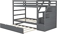 Vista 160 de Harper & Bright Designs Litera de tamaño matrimonial sobre matrimonial con 3 cajones, litera de madera maciza con almacenamiento y riel