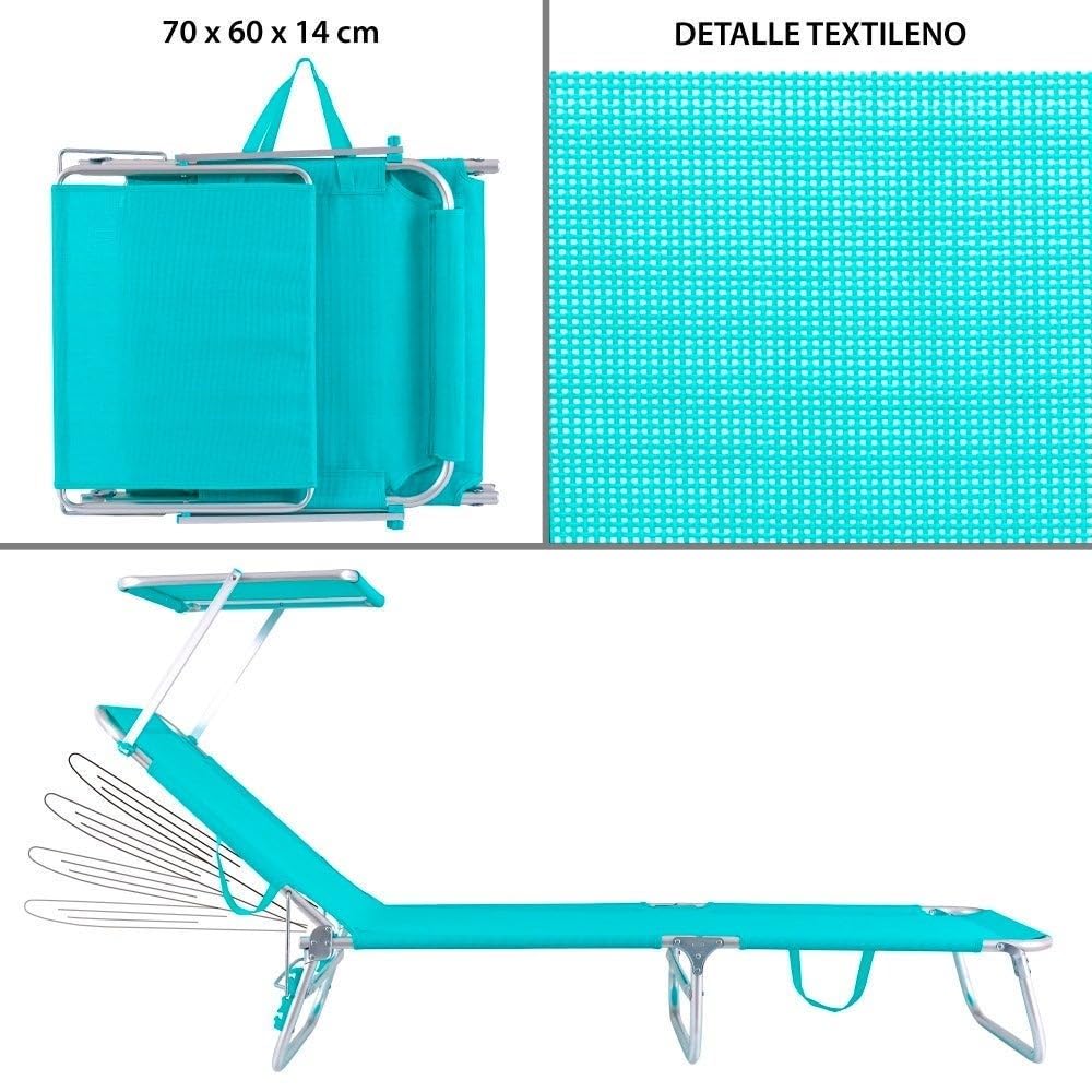 LOLAhome Tumbona Playa con Parasol, reclinable de 3 Posiciones Convertible en Cama Verde Aguamarina de Aluminio y textileno de 190x58x25 cm