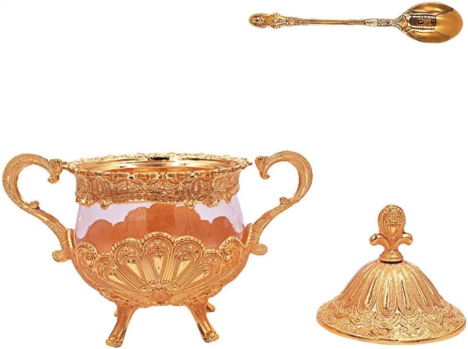 Zuckerdose/Topf, Salzgewürzbehälter, Gewürzglas, Zuckerdose mit Deckel und Löffel for Küche, Kaffeebar und Hochzeitsfeier, Zuckerbehälter aus Metall und Glas for Würfelzucker und Puderzucker, Gold (