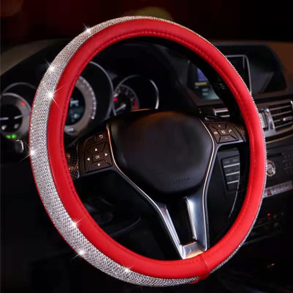Photo 1 of Diamond Steering Wheel Cover for Women Girls, Universal Fit 15 Inch Bling Bling Crystal Rhinestones Leather Steering Wheel Accessories (Red)