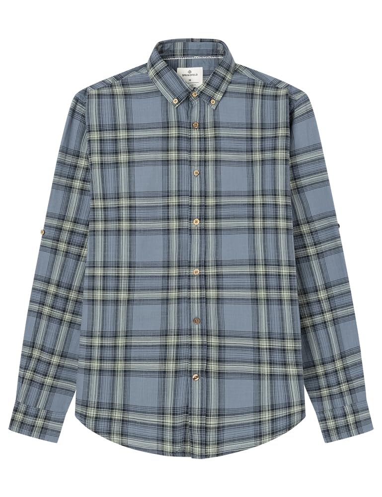 SPRINGFIELD Men's Camisa Cotton Slub Cuadros Grandes Shirt, Steel Blue, L