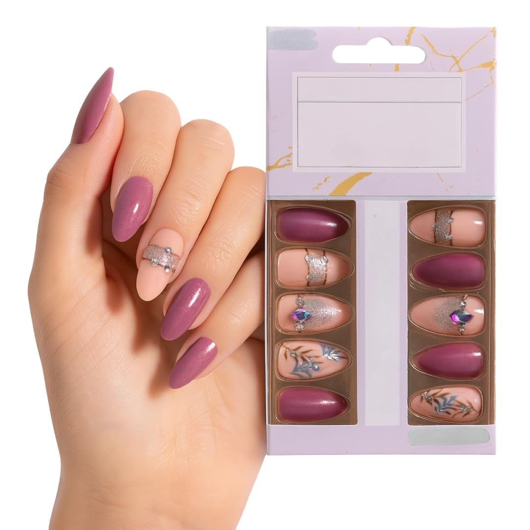 Coslifestore- Pack of 24 Almond shape Press On Nails, Reusable Nail Extensions, Artificial Fake Nails Set For women (lilac Pink, Peach floral design with stones)-image-7