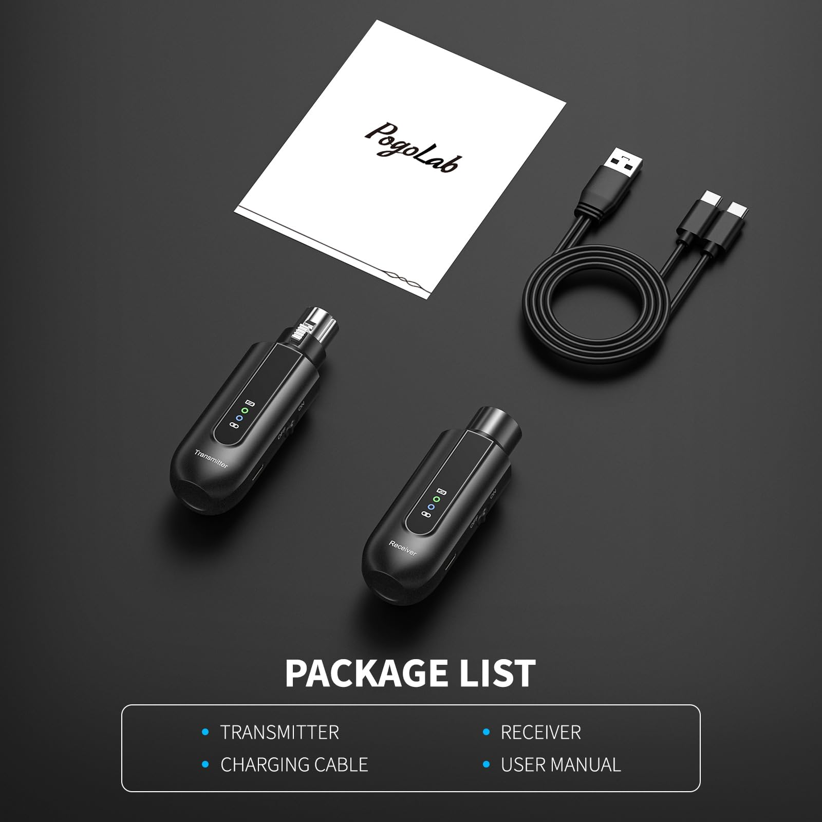 POGOLAB XLR Mikrofon Sender Empfänger, 2.4G Kabelloses Funkmikrofon-Adapter für Dynamisches Mikrofon Kondensatormikrofon, 12 Stunden, 150-Fuß, Geeignet für Gesang/öffentliches Reden