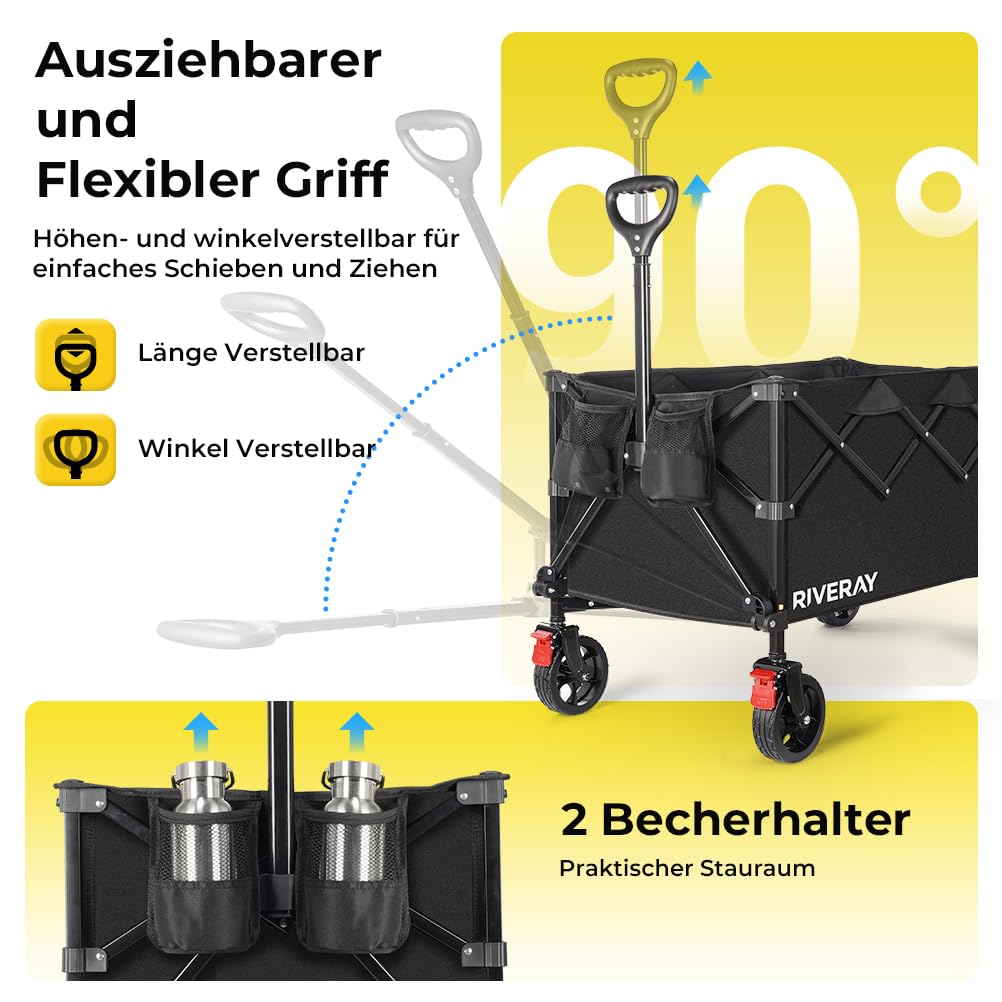 Bollerwagen Faltbar mit Bremsen, 300L 230KG Faltbarer Bollerwagen Großen All Terrain Rädern, Abnehmbare Stofftasche, Verstellbarer Griff Klappbar Handwagen für Strand Camping Garten Festival