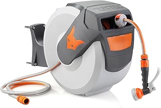 FUXTEC automatische Schlauchtrommel FX-WSA20 – 20 m Gartenschlauch ½ Zoll – Schlauchaufroller zur Wandmontage inkl. Handbrause und Anschlüssen – 180° schwenkbar (65x29x46 cm)