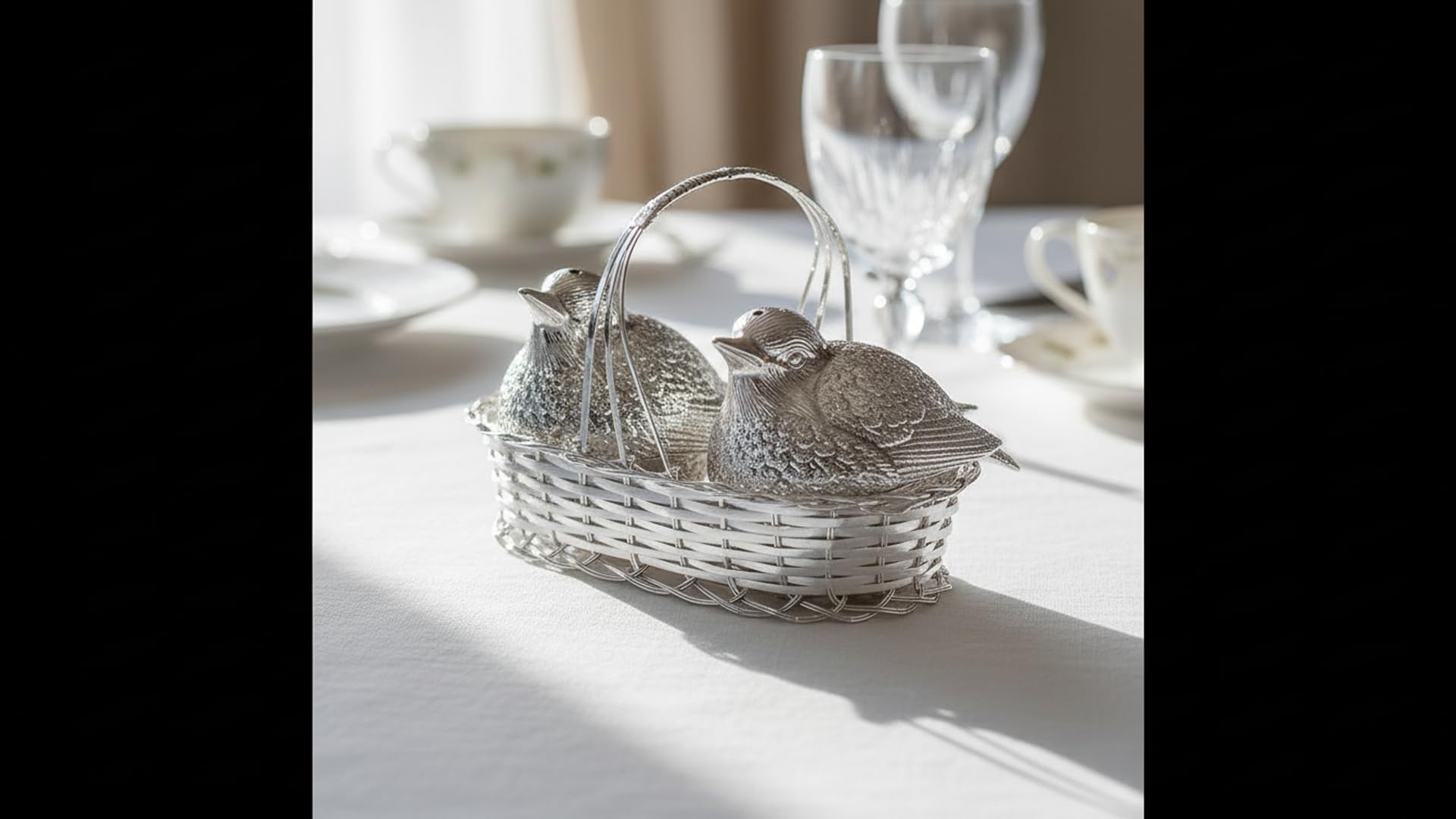 Salero y pimentero "Gorriones en la taza" plateado plateado | 14 x 8 x 11 cm | Elegante plata de mesa | Ideal como regalo