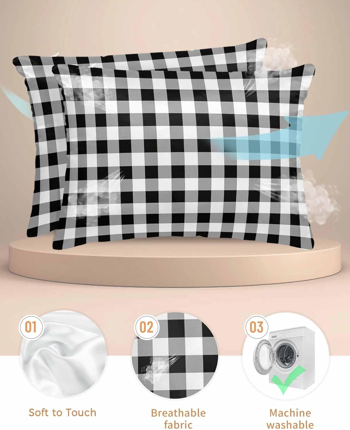 Satin Pillowcase for Hair and Skin King Size 2 Pack Buffalo Check Plaid Satin Pillow Case Soft Cooling Silk Black White Plaid Farmhouse Pillowcases with Hidden Zipper Throw Pillow Covers 20x36
