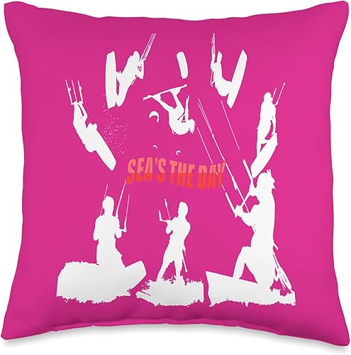 Kitesurfer Pattern White Silhouette Seas The Day Fun Pun 4 Throw Pillow, 16x16, Multicolor