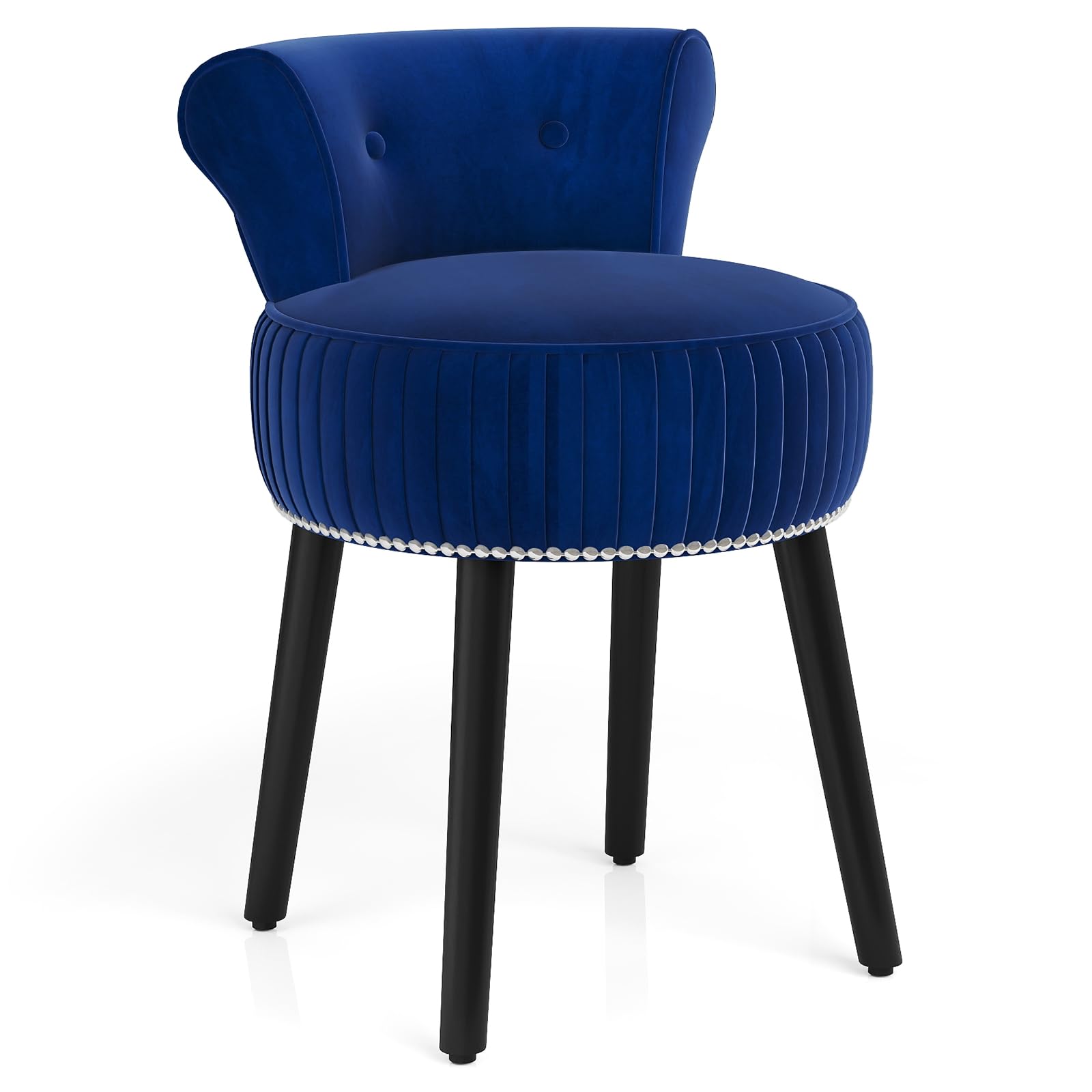 COSTWAY Chaise de Coiffeuse en Velours, Tabouret Coiffeuse avec Dossier, Pieds en Bois d'Hévéa, Patins Réglables, Tabouret de Maquillage, Dossier Bas Capitonné, pour Chambre Salon, 48x46x66 cm (Bleu)