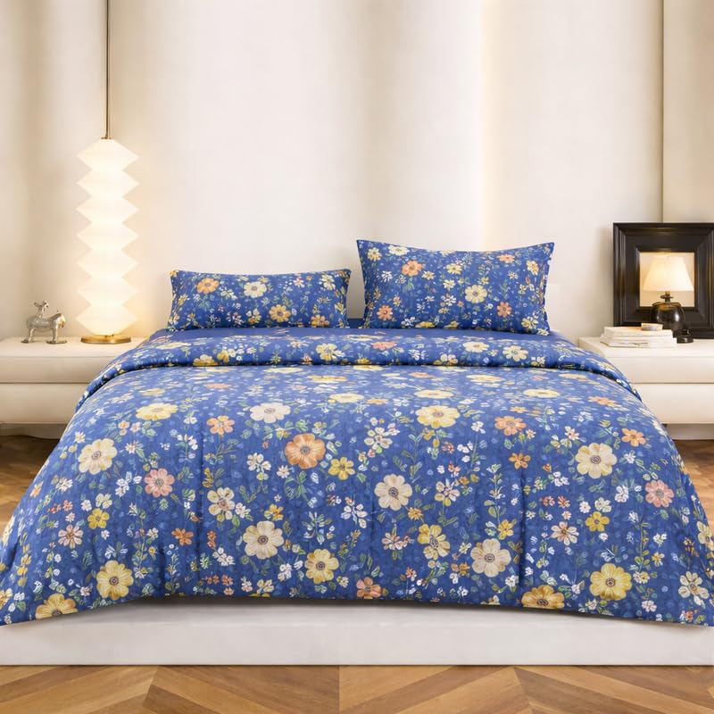 Image of Super King Size Bedsheet | Cotton Flat Sheet Skin Friendly with Two Pillow Covers| 300 TC | Super Soft Bed Sheet for Double Bed | Floral Design (272 x 272 cm, Royal Blue Blossom)