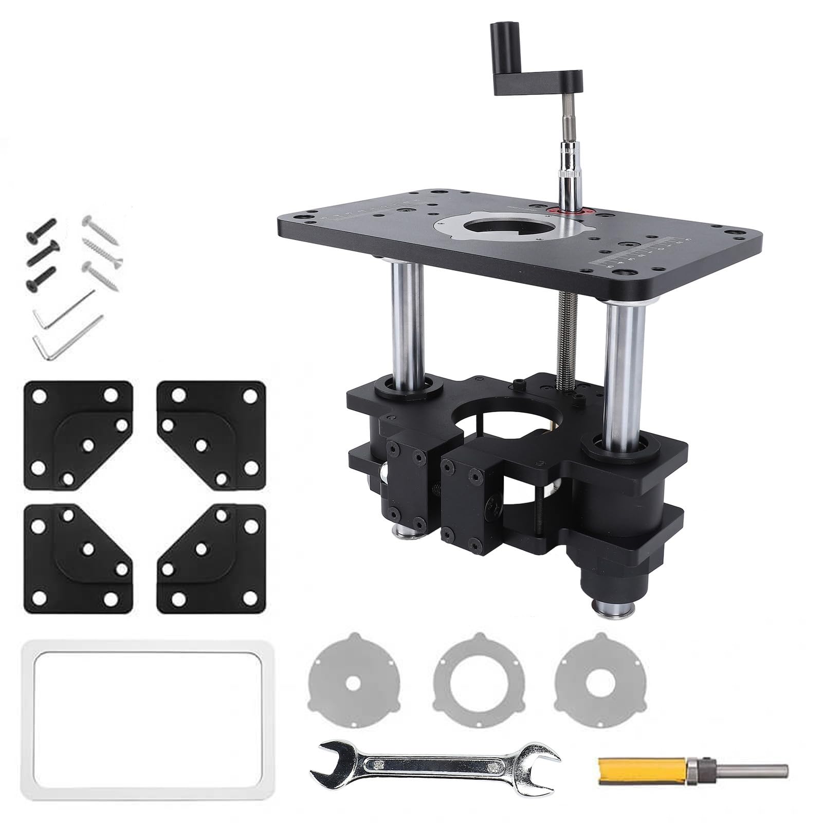 Système de Levage de Routeur, Table de Levage de Précision pour Moteur de 3-1/2 de Diamètre, Plaque 9-1/4'' X 11-3/4'' et Kit de 3 Anneaux D'insertion, Compatible avec