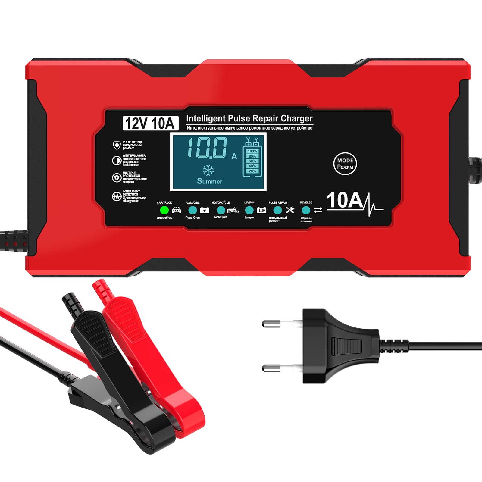 YONHAN Caricabatteria da Auto,10A 12V LiFePO4 Multi Protezioni Carica Batteria,Intelligente Schermo LCD Carica Batterie Completamente Automatico per Moto,Barche, Auto, Batteria AGM/Acido di piombo