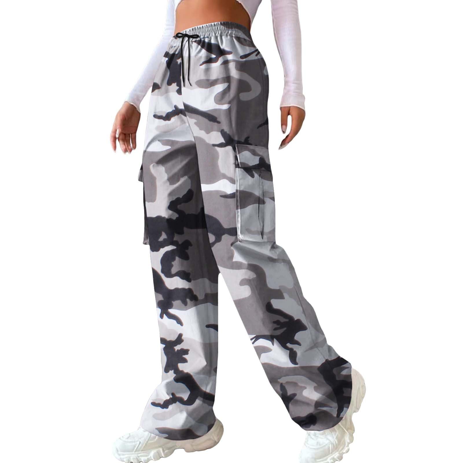 Camo Cargo Pants for Women Casual Drawstring High Waist Parachute Pants Baggy Wide Leg Hiking Pants with Pockets