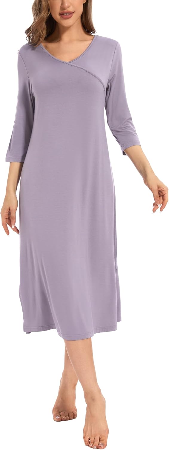 GYS Viscose Long Nightgown for Women, 3/4 Sleeves V Neck Sleep Dress Soft Lightweight Sleepwear Ladies Nightdress