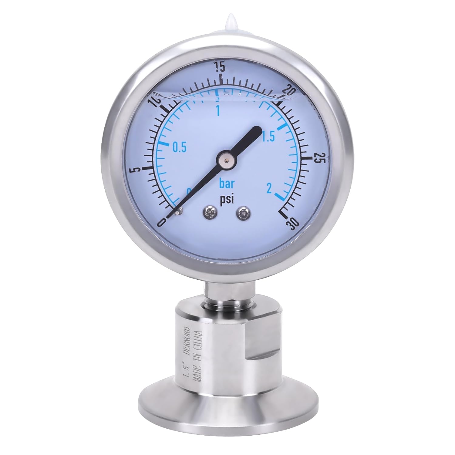 DERNORD Sanitary Pressure Gauge SS304, 2.5" Dial, 0-30 PSI, Glycerin Filled, 1.5" Tri Clamp Bottom Mount