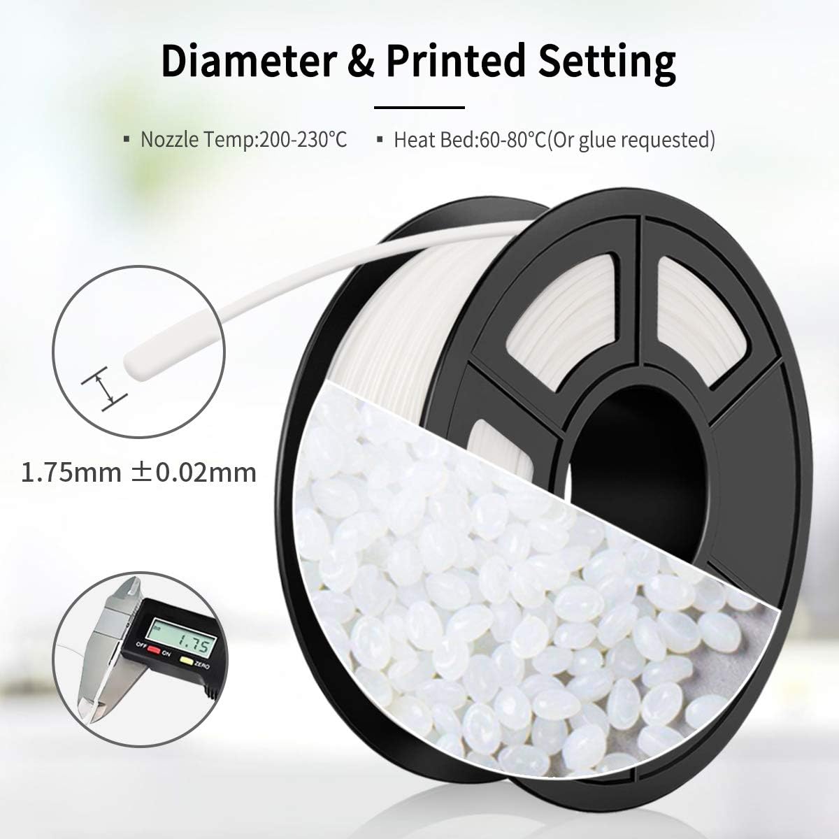 PLA 3D Printer Filament 1.75mm, PLA Filament Glow in The Dark 1KG Spool, Dimensional Accuracy +/- 0.02 mm, Glow in The Dark PLA White