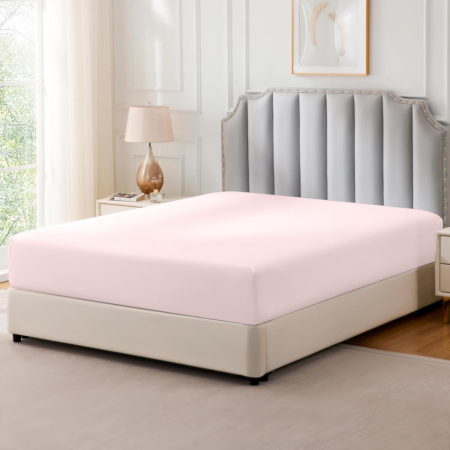 FreshCulture Pure Cotton Fitted Sheets King Size, 300 Thread Count Percale Sheets for King Size Bed, Soft & Breathable Cotton Sheets, Luxury Fitted Sheets Only (King,Pink)